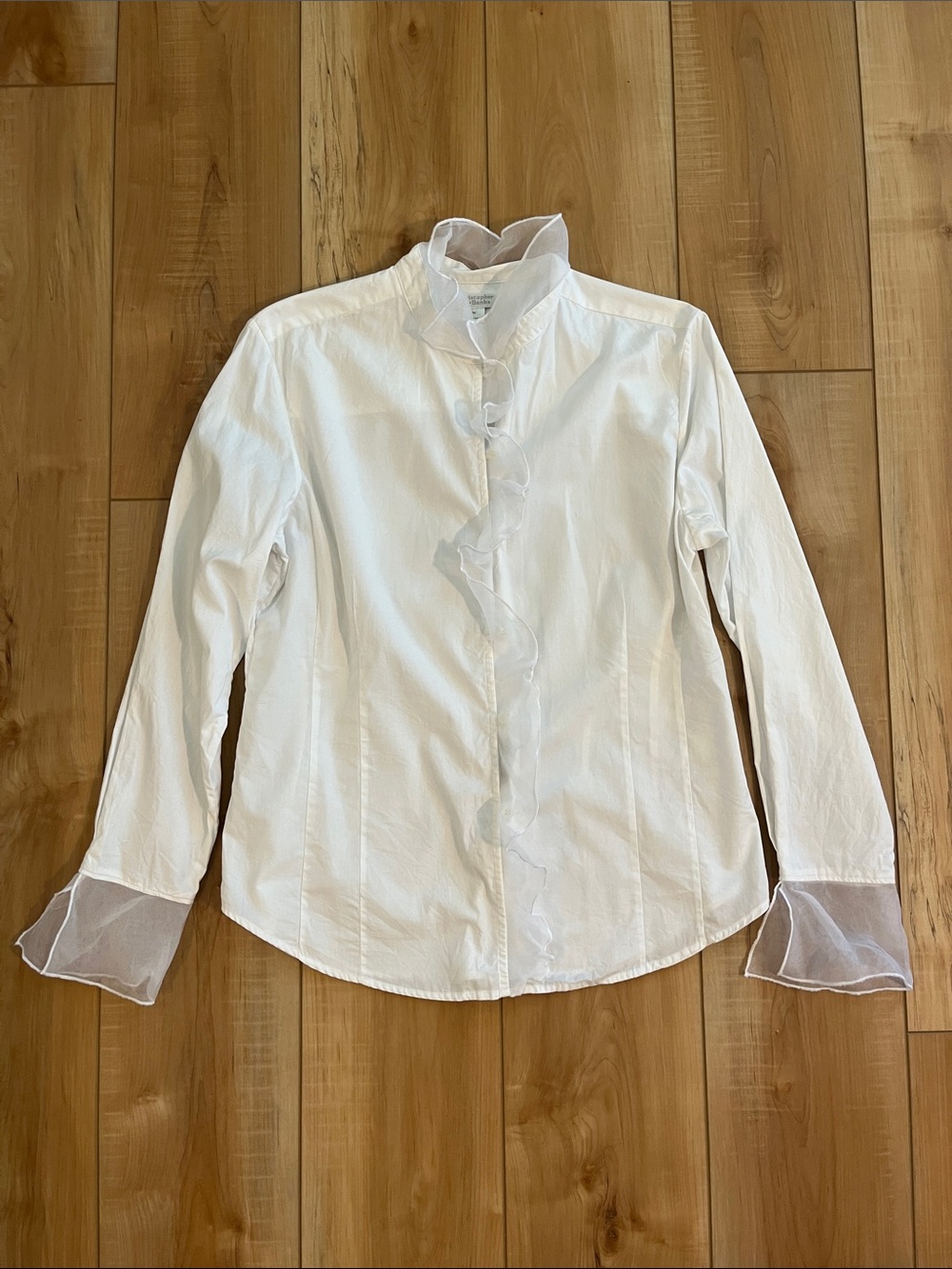 Christopher & Banks White Ruffle-Trim Button Down Blouse